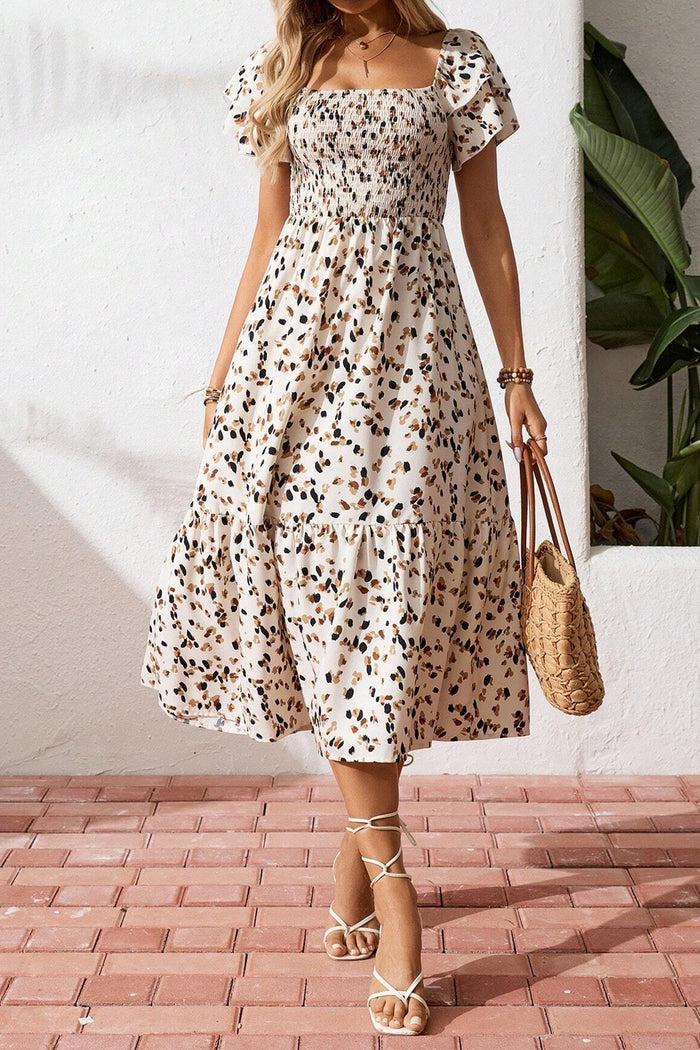 Beige Ditsy Floral Print Smocked Square Neck Ruffle Short Sleeve Dress 🇺🇸