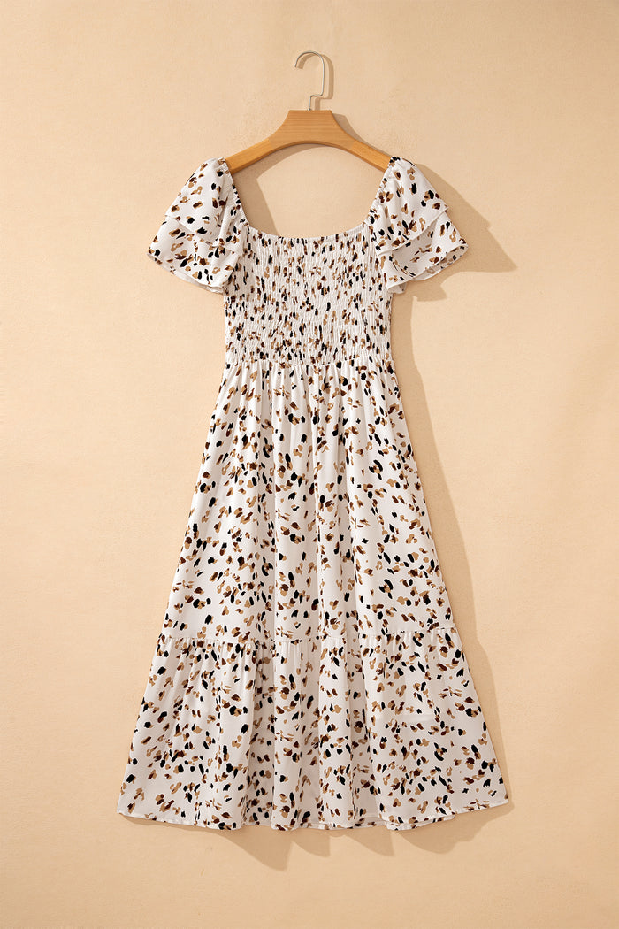 Beige Ditsy Floral Print Smocked Square Neck Ruffle Short Sleeve Dress 🇺🇸