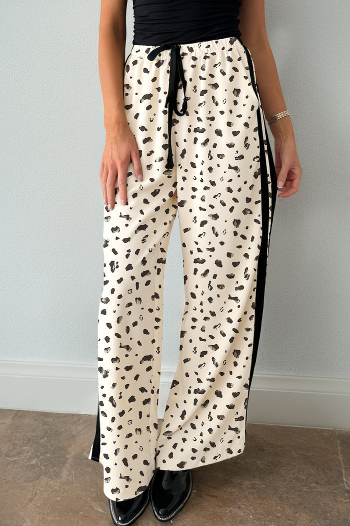 Beige Leopard Print Side Stripe Detail Loose Drawstring Pants 🇺🇸