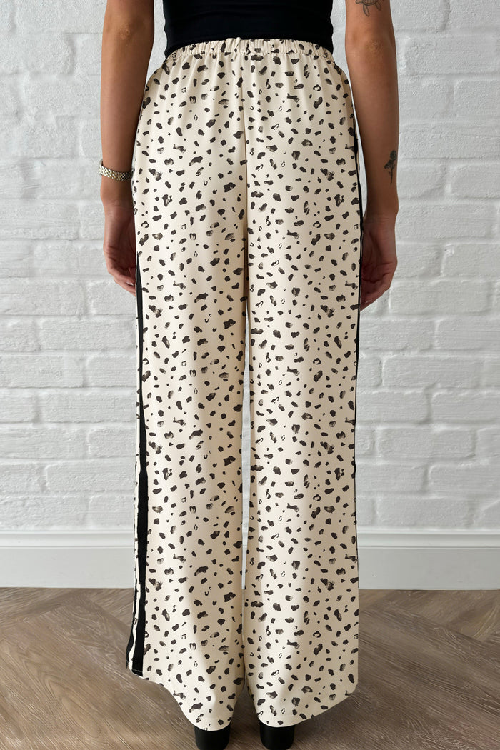 Beige Leopard Print Side Stripe Detail Loose Drawstring Pants 🇺🇸