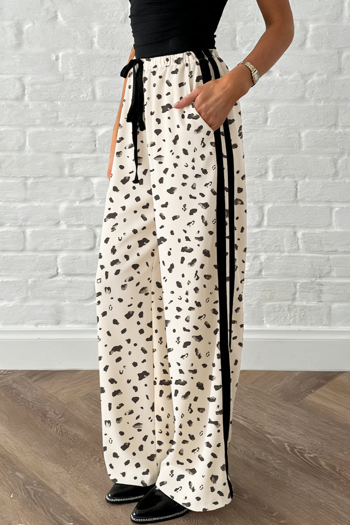 Beige Leopard Print Side Stripe Detail Loose Drawstring Pants 🇺🇸