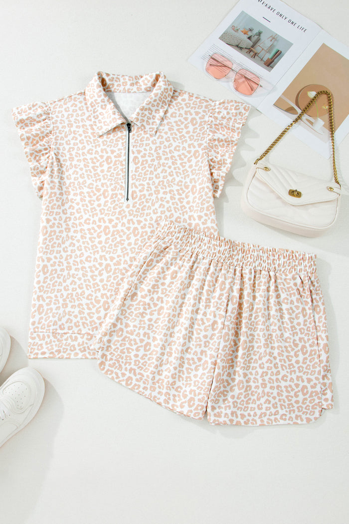 Beige Leopard Zip Polo Top 2pcs Short Set 🇺🇸