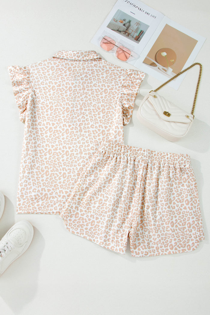 Beige Leopard Zip Polo Top 2pcs Short Set 🇺🇸