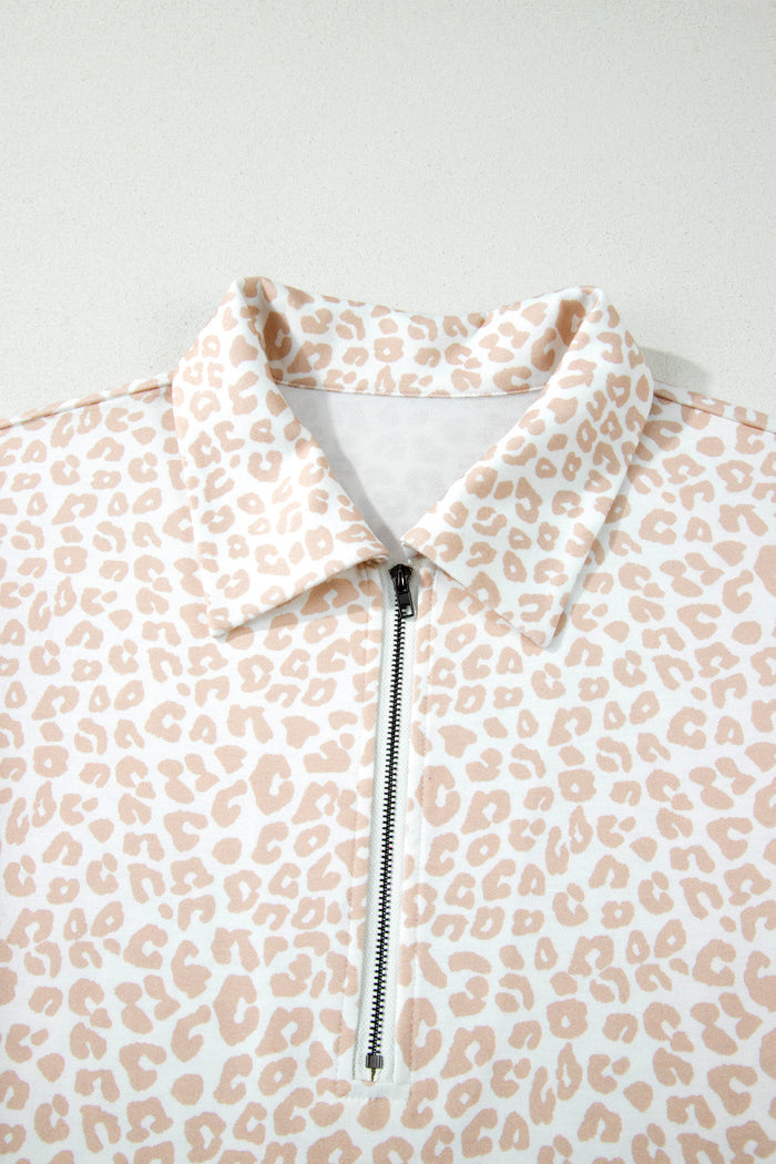 Beige Leopard Zip Polo Top 2pcs Short Set 🇺🇸