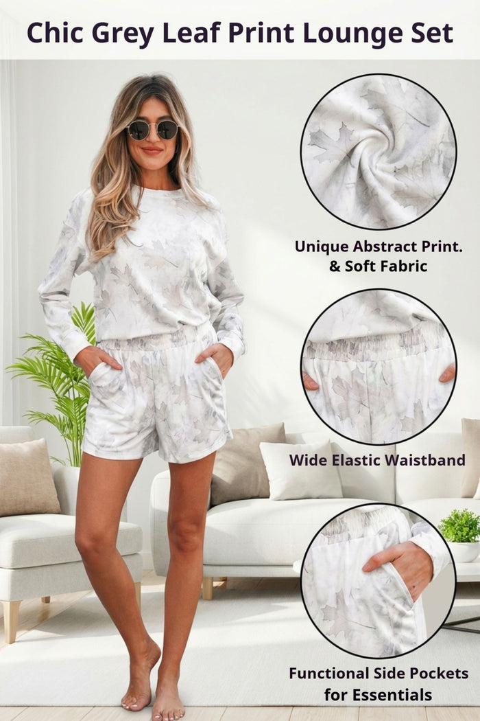 Beige Maple Camo Print Pullover Top and Elastic Waist Casual Short Set 🇺🇸