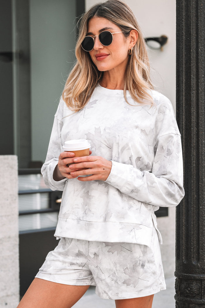 Beige Maple Camo Print Pullover Top and Elastic Waist Casual Short Set 🇺🇸