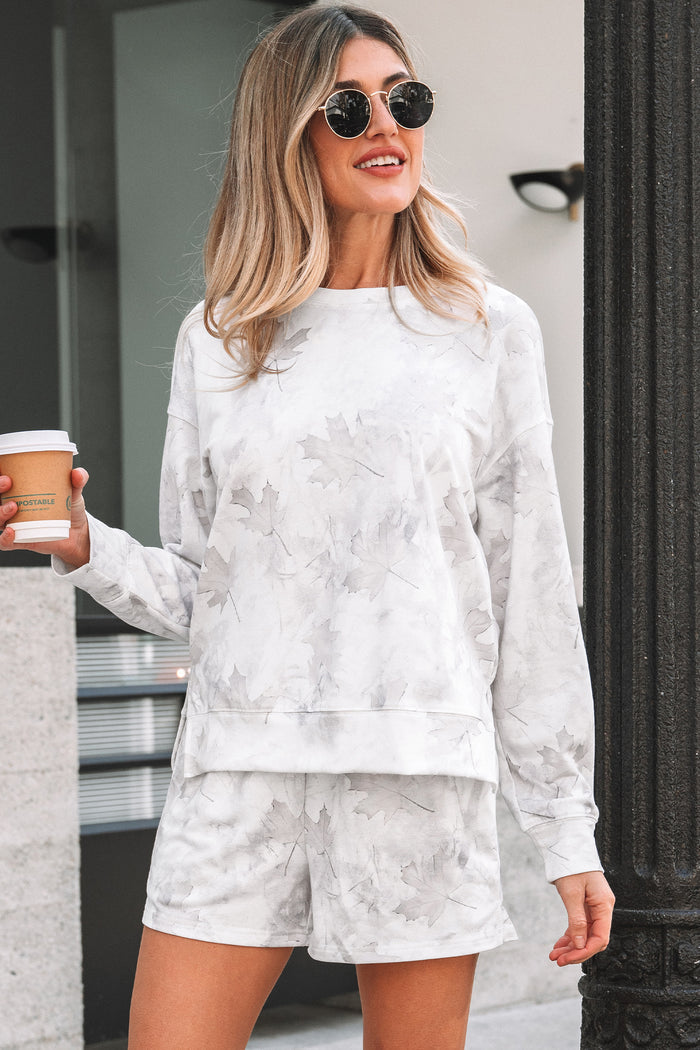 Beige Maple Camo Print Pullover Top and Elastic Waist Casual Short Set 🇺🇸