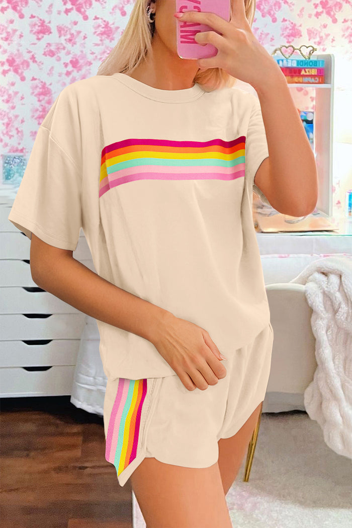 Beige Vibrant Striped Detail Athleisure 2pcs Short Set 🇺🇸