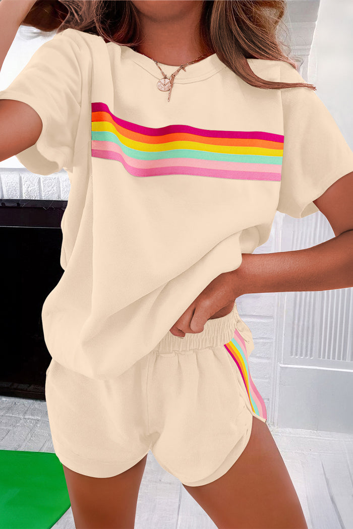 Beige Vibrant Striped Detail Athleisure 2pcs Short Set 🇺🇸