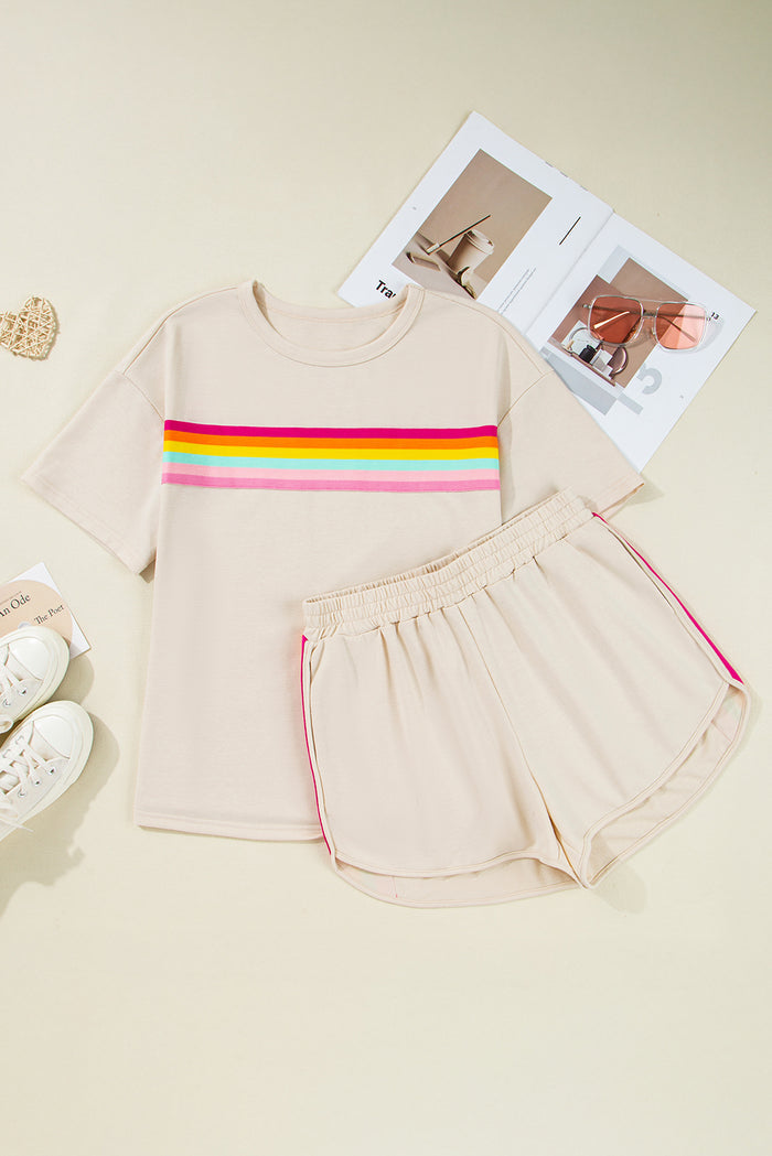 Beige Vibrant Striped Detail Athleisure 2pcs Short Set 🇺🇸