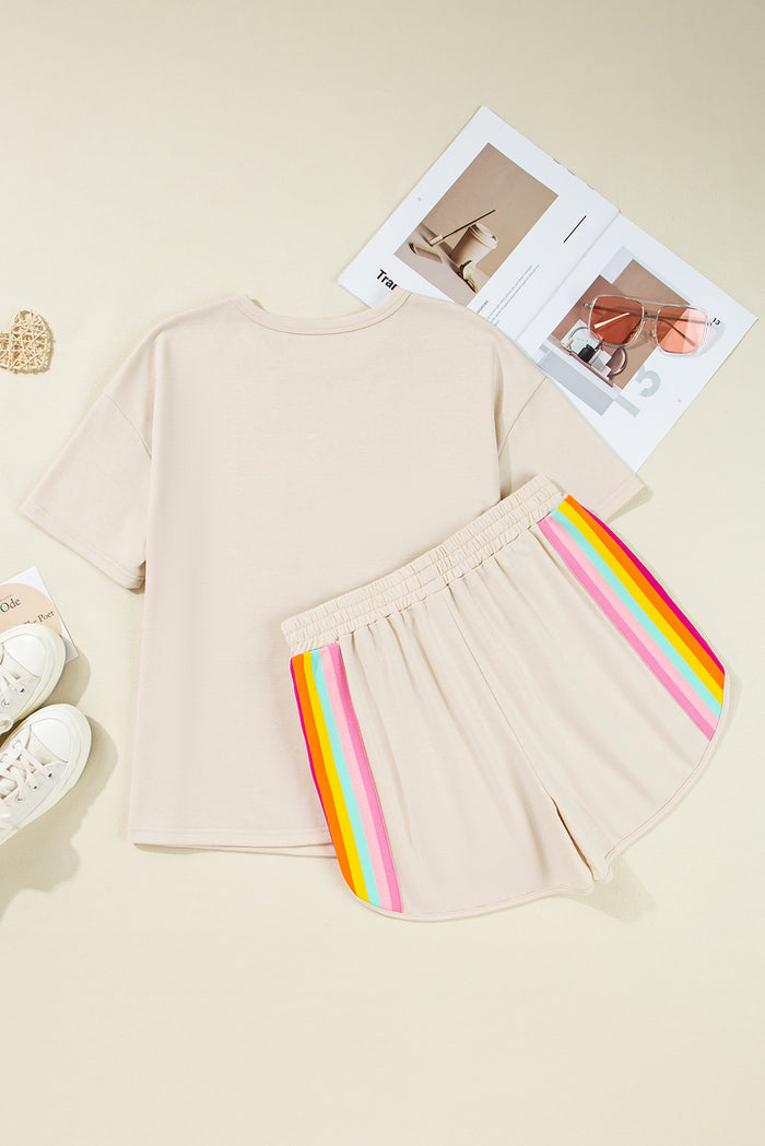 Beige Vibrant Striped Detail Athleisure 2pcs Short Set 🇺🇸