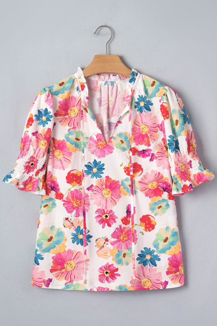 Beige Vibrant Summer Floral Tie V Neck Short Puff Sleeve Blouse 🇺🇸