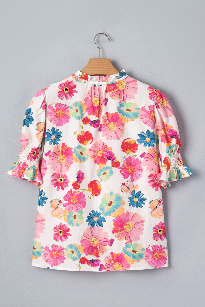 Beige Vibrant Summer Floral Tie V Neck Short Puff Sleeve Blouse 🇺🇸