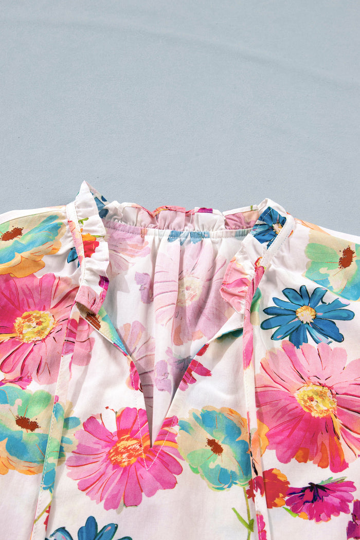 Beige Vibrant Summer Floral Tie V Neck Short Puff Sleeve Blouse 🇺🇸