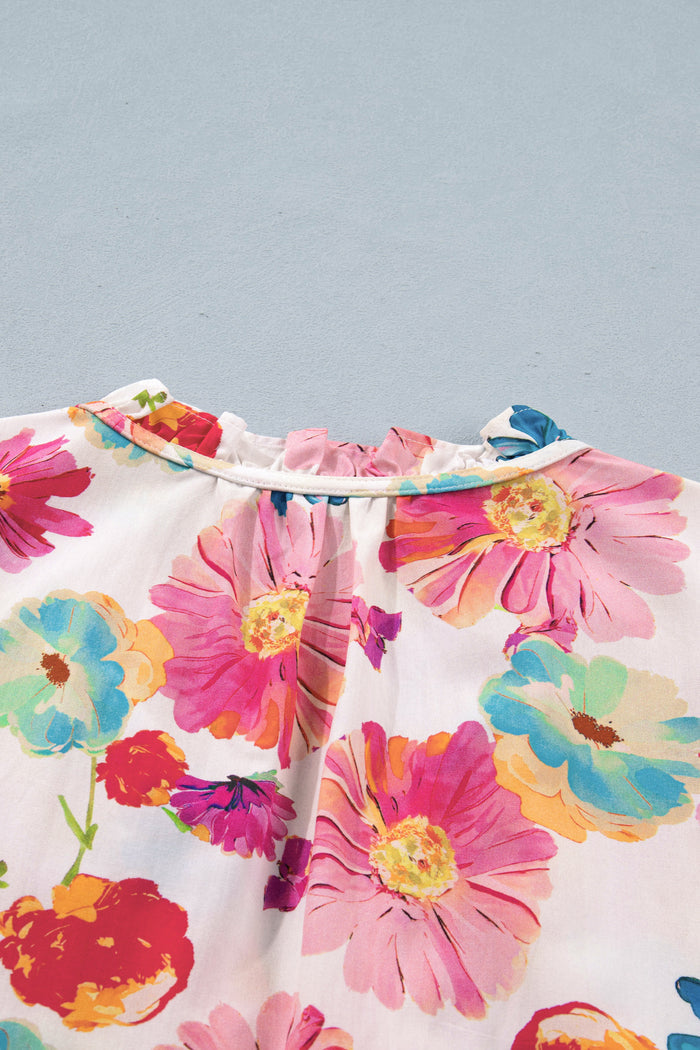 Beige Vibrant Summer Floral Tie V Neck Short Puff Sleeve Blouse 🇺🇸