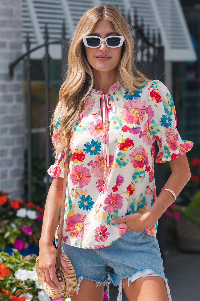Beige Vibrant Summer Floral Tie V Neck Short Puff Sleeve Blouse 🇺🇸