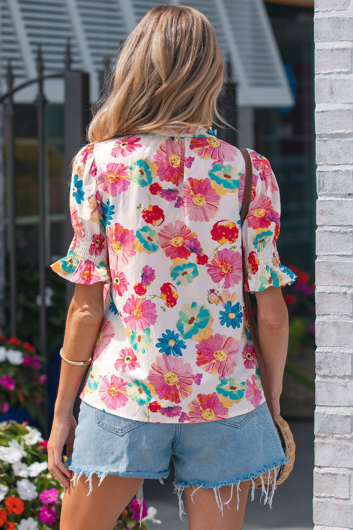 Beige Vibrant Summer Floral Tie V Neck Short Puff Sleeve Blouse 🇺🇸