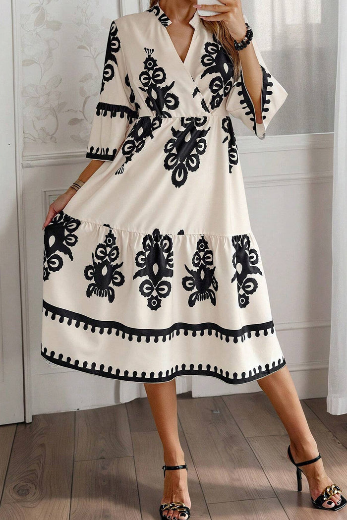 Beige Western Geometric Print 3/4 Sleeve Loose Midi Dress 🇺🇸