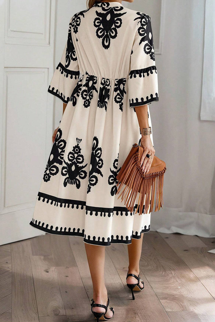 Beige Western Geometric Print 3/4 Sleeve Loose Midi Dress 🇺🇸