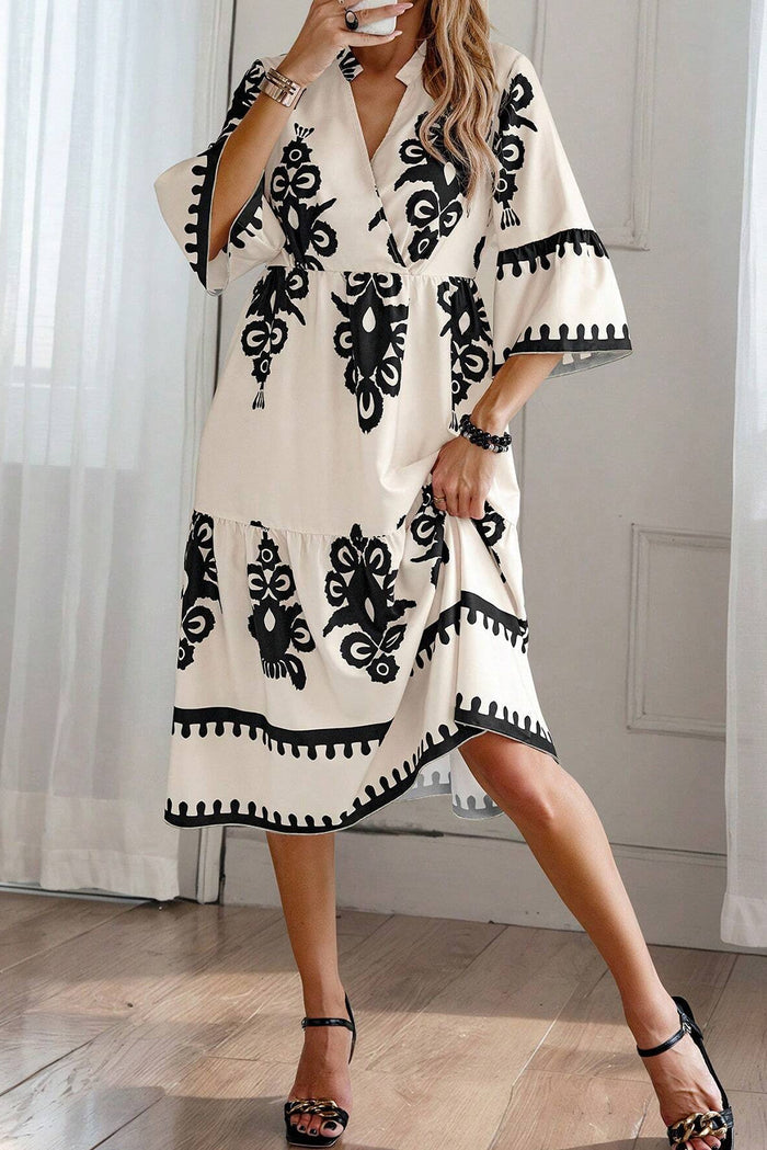Beige Western Geometric Print 3/4 Sleeve Loose Midi Dress 🇺🇸