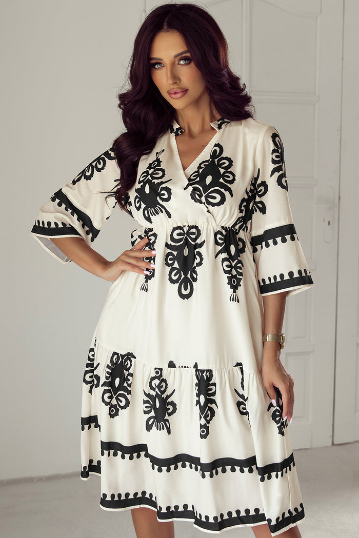 Beige Western Geometric Print 3/4 Sleeve Loose Midi Dress 🇺🇸