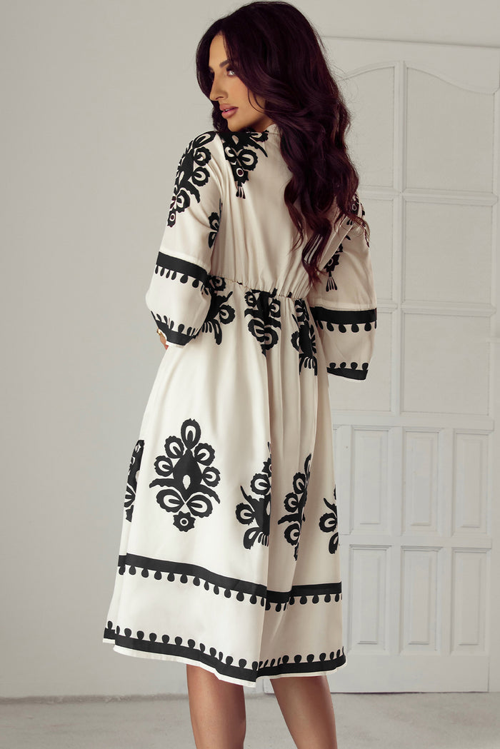 Beige Western Geometric Print 3/4 Sleeve Loose Midi Dress 🇺🇸