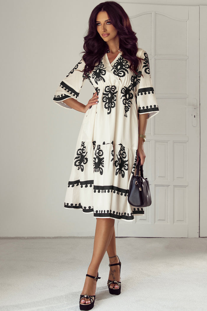 Beige Western Geometric Print 3/4 Sleeve Loose Midi Dress 🇺🇸