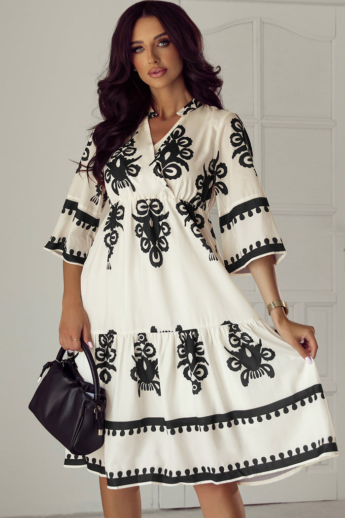 Beige Western Geometric Print 3/4 Sleeve Loose Midi Dress 🇺🇸