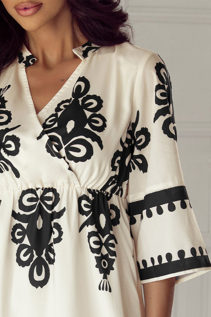 Beige Western Geometric Print 3/4 Sleeve Loose Midi Dress 🇺🇸