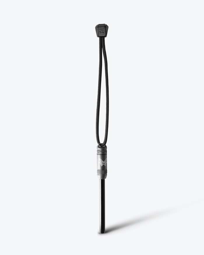 Gray Aluminum Benchmade Ferro Rod - Full View with Shock Cord Lanyard | Benchmade Knife Co.