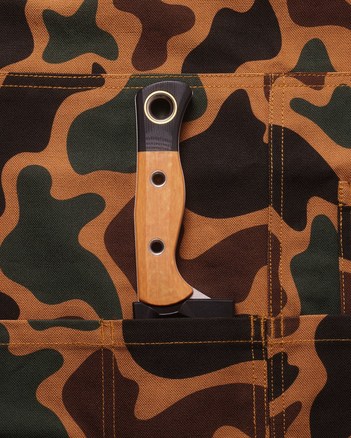 Duck Camo Canvas Knife Roll Apron - Wood-Handle Knife Seated in Blade Pocket Detail | Benchmade Knife Co.