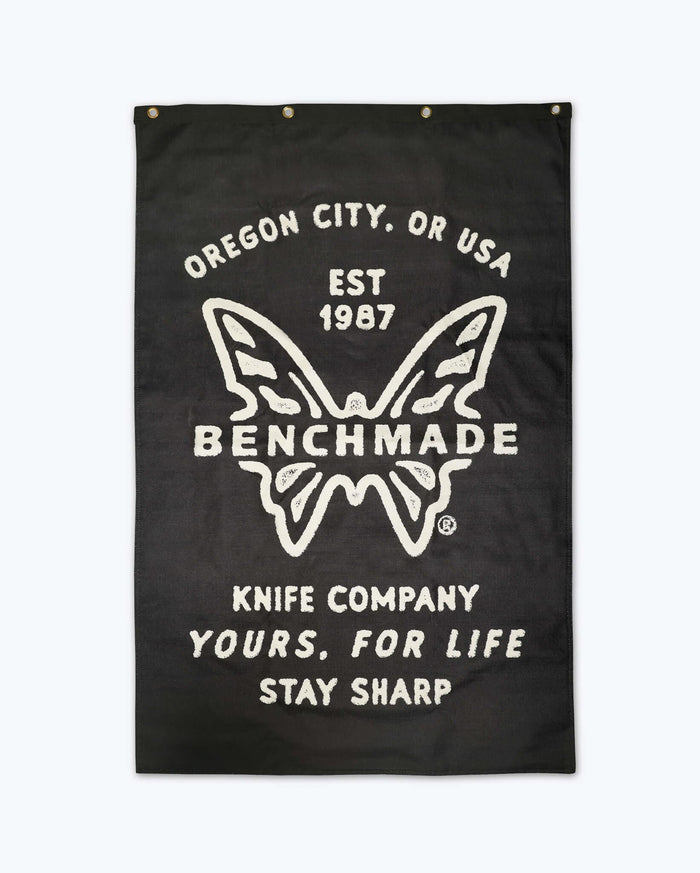 Black Benchmade Logo Garage Banner with butterfly logo and brand text - Front View | Benchmade Knife Co.