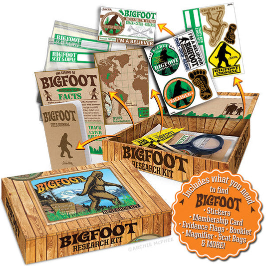 Discover the Bigfoot Research Kit, featuring stickers, maps, and a comprehensive booklet. This kit is equipped with a magnifier, evidence flags for marking possible discoveries, scat bags, and other essential tools for your adventurous journey into the unknown.