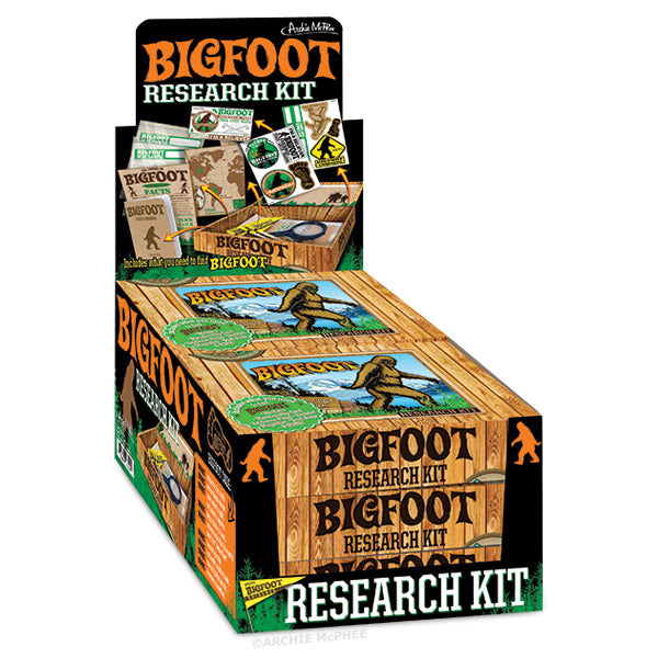 Display box of Bigfoot Research Kits, featuring packaging that highlights the illustrated contents, including evidence flags to enhance your investigation experience.