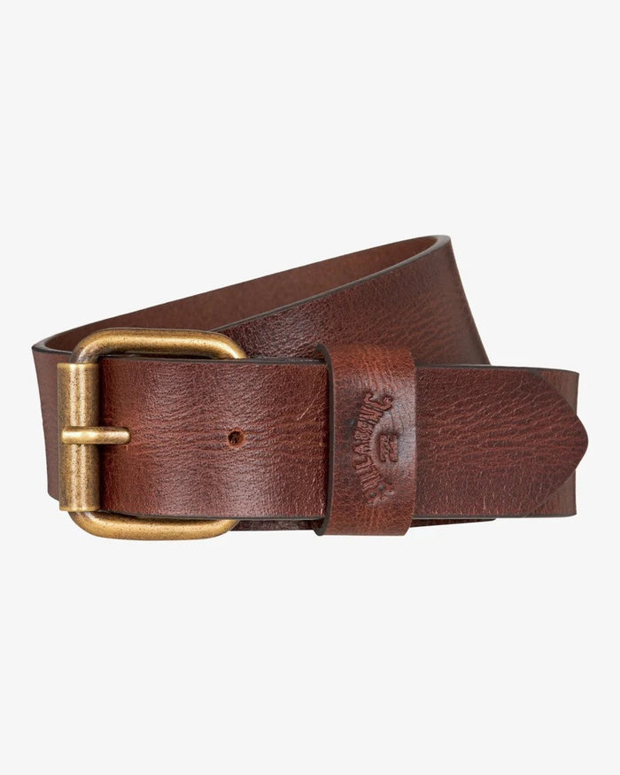 Brown leather billabong belt with a brass buckle on a light gray background