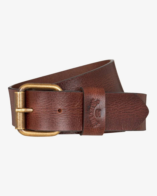 Brown leather billabong belt with a brass buckle on a light gray background