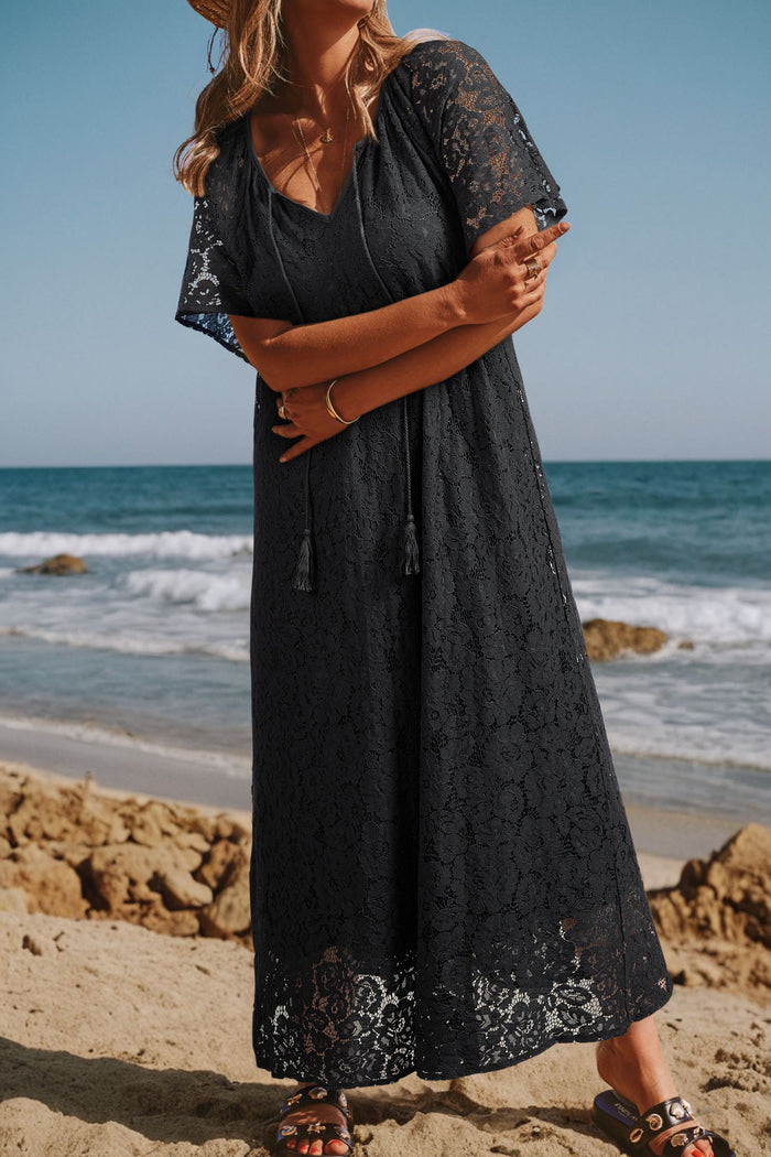 Black Floral Lace Overlay Tassel Tie Short Sleeve Beach Vacation Loose Maxi Dress 🇺🇸