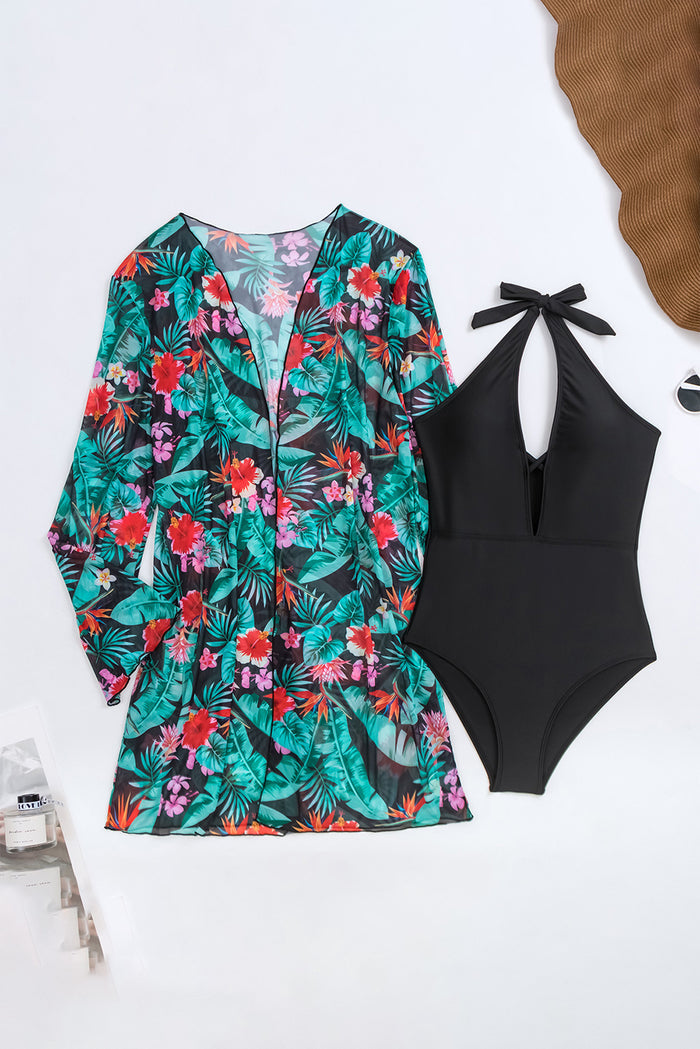 Black Halter Neck Monokini with Floral Beach Cover Up 🇺🇸