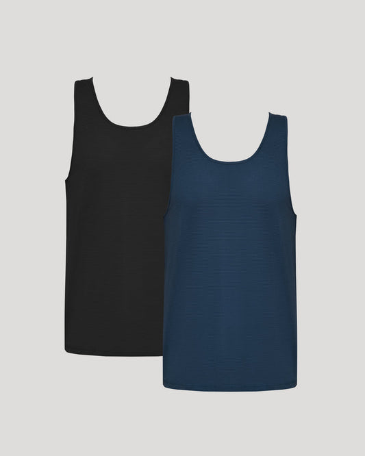 Black and blue tank tops on a light gray background