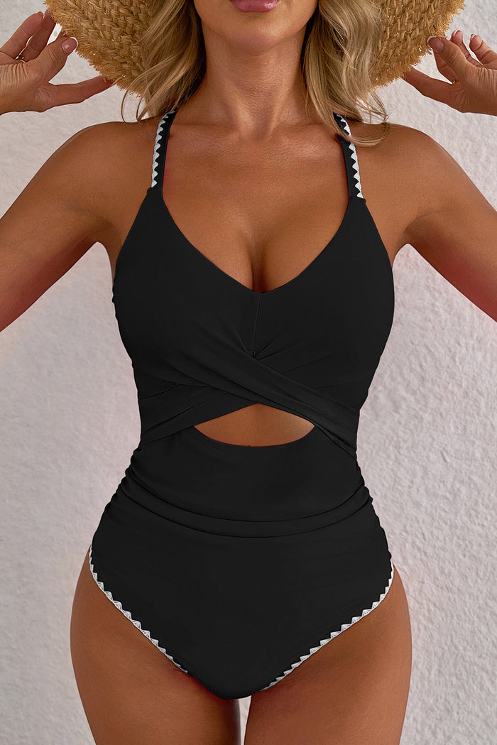 Black Ric Rac Trim Contrasted Patchwork Cutout One Piece Swimsuit 🇺🇸