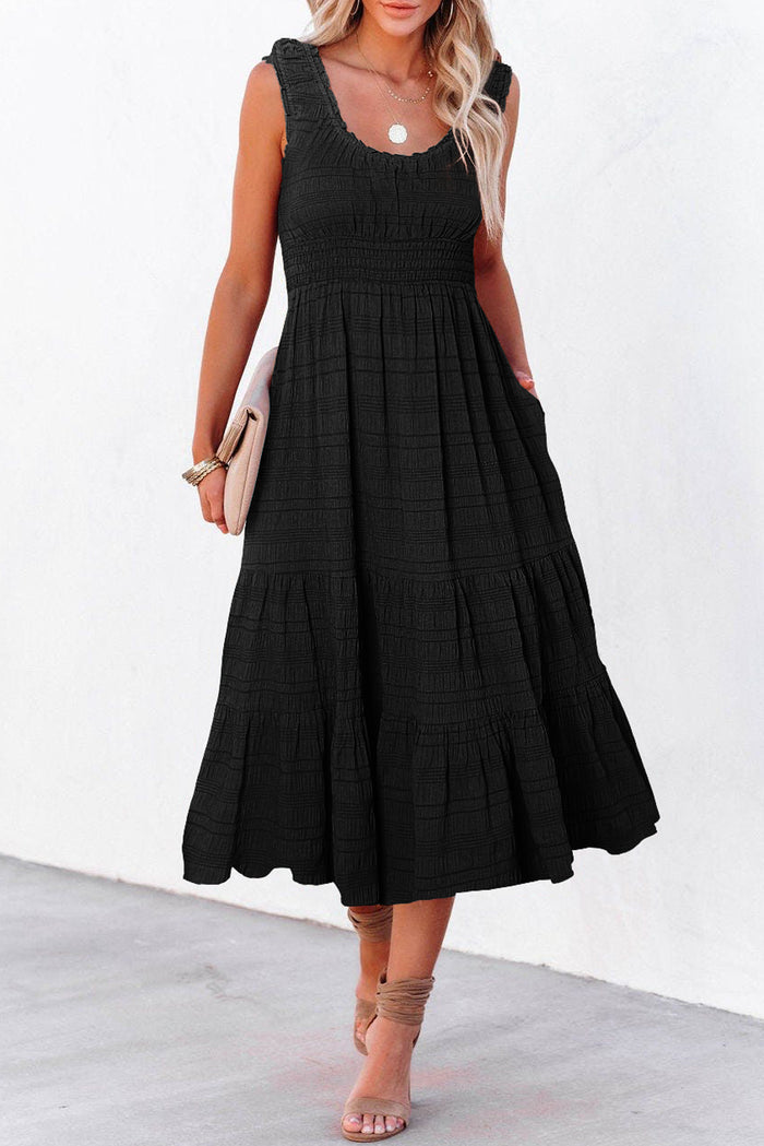 Black Shirred Pleated Square Neck Sleeveless Midi Dress 🇺🇸