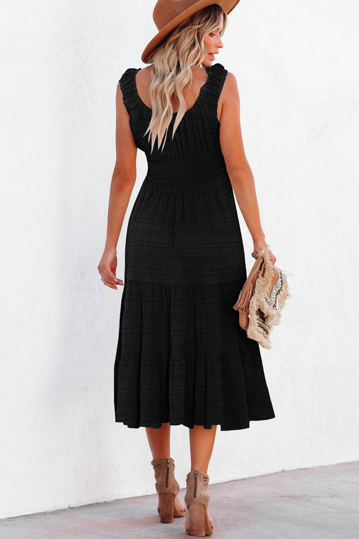 Black Shirred Pleated Square Neck Sleeveless Midi Dress 🇺🇸