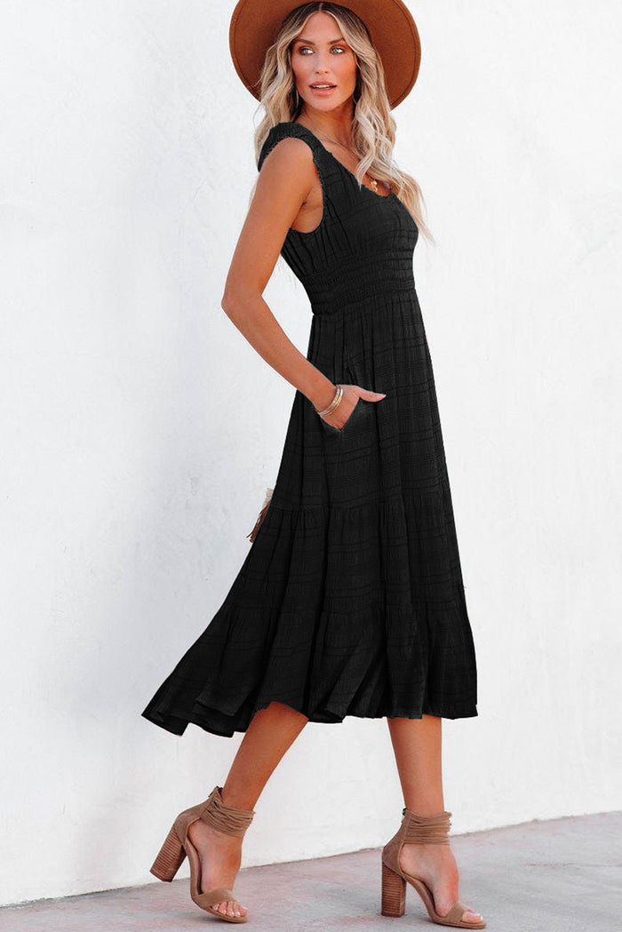 Black Shirred Pleated Square Neck Sleeveless Midi Dress 🇺🇸