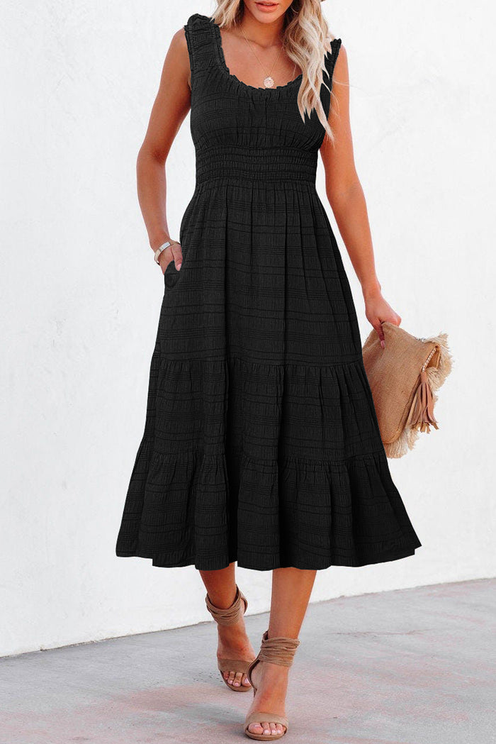 Black Shirred Pleated Square Neck Sleeveless Midi Dress 🇺🇸
