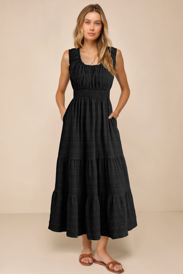 Black Shirred Pleated Square Neck Sleeveless Midi Dress 🇺🇸