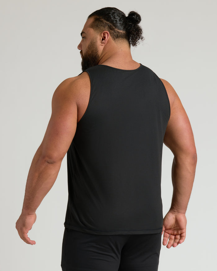 Black Sleeveless Active Mesh Tank 3-Pack on muscular man, side profile.