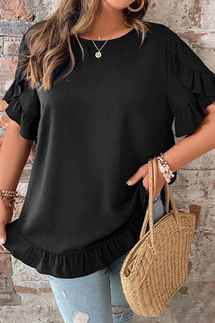 Black Solid Color Ruffle Trim Petal Sleeve Plus Size Tee 🇺🇸