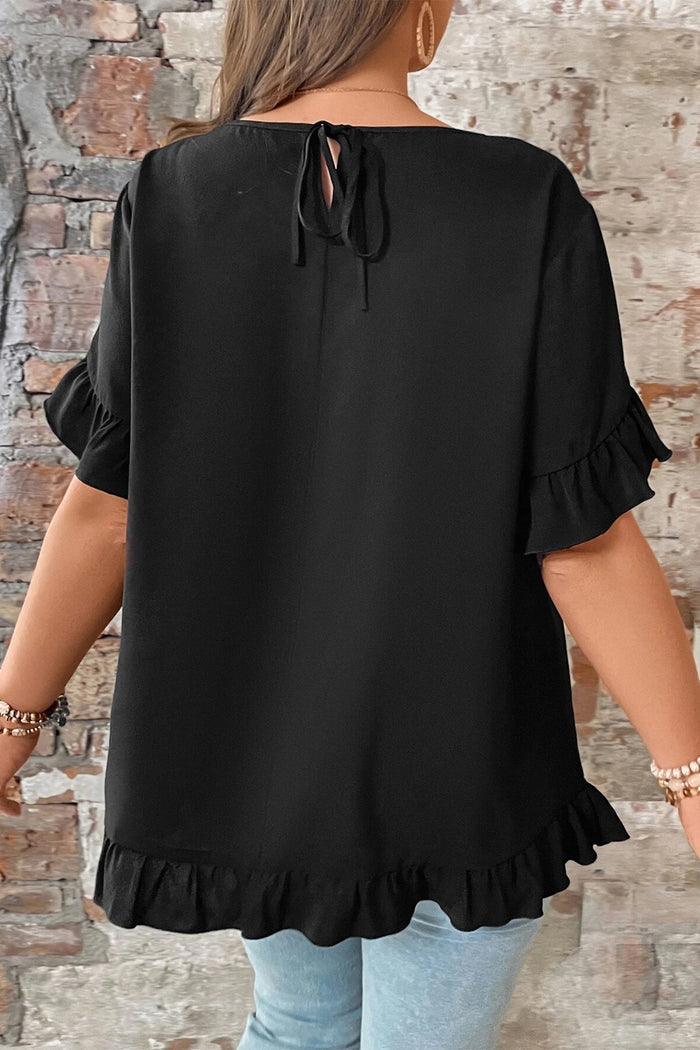 Black Solid Color Ruffle Trim Petal Sleeve Plus Size Tee 🇺🇸