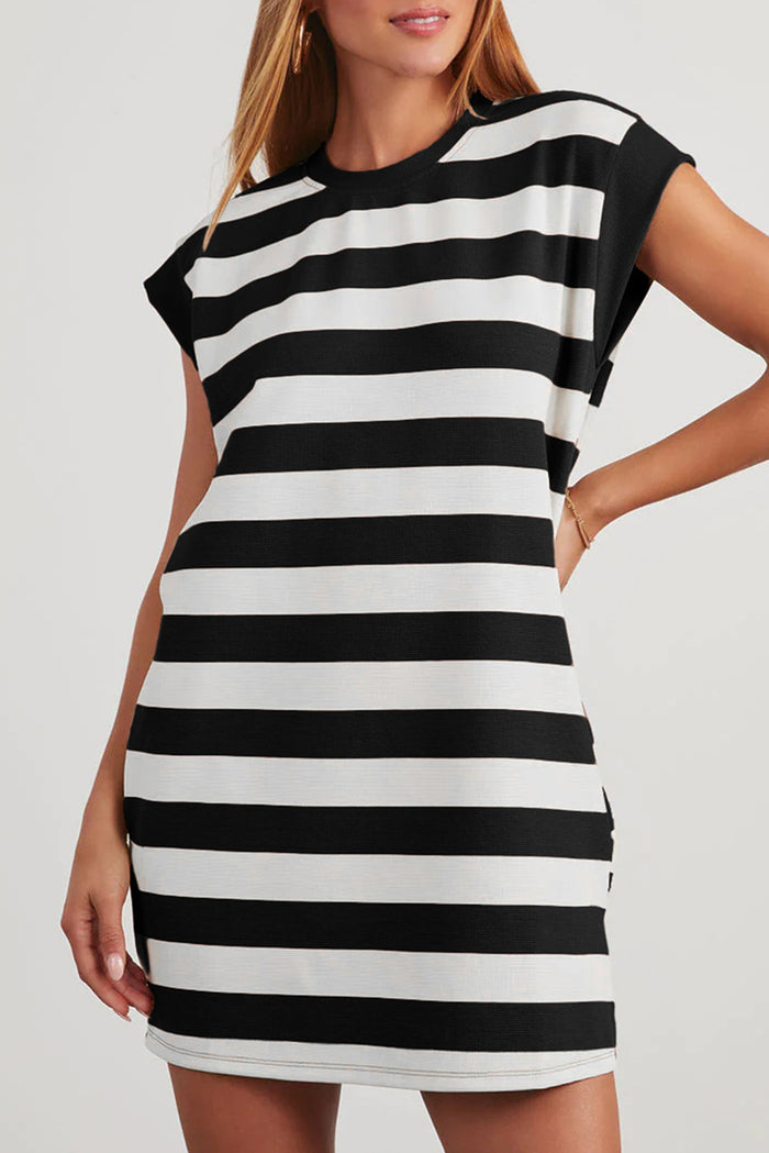 Black Stripe Cap Sleeve Shift T Shirt Dress 🇺🇸