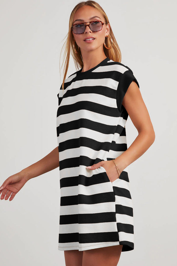 Black Stripe Cap Sleeve Shift T Shirt Dress 🇺🇸